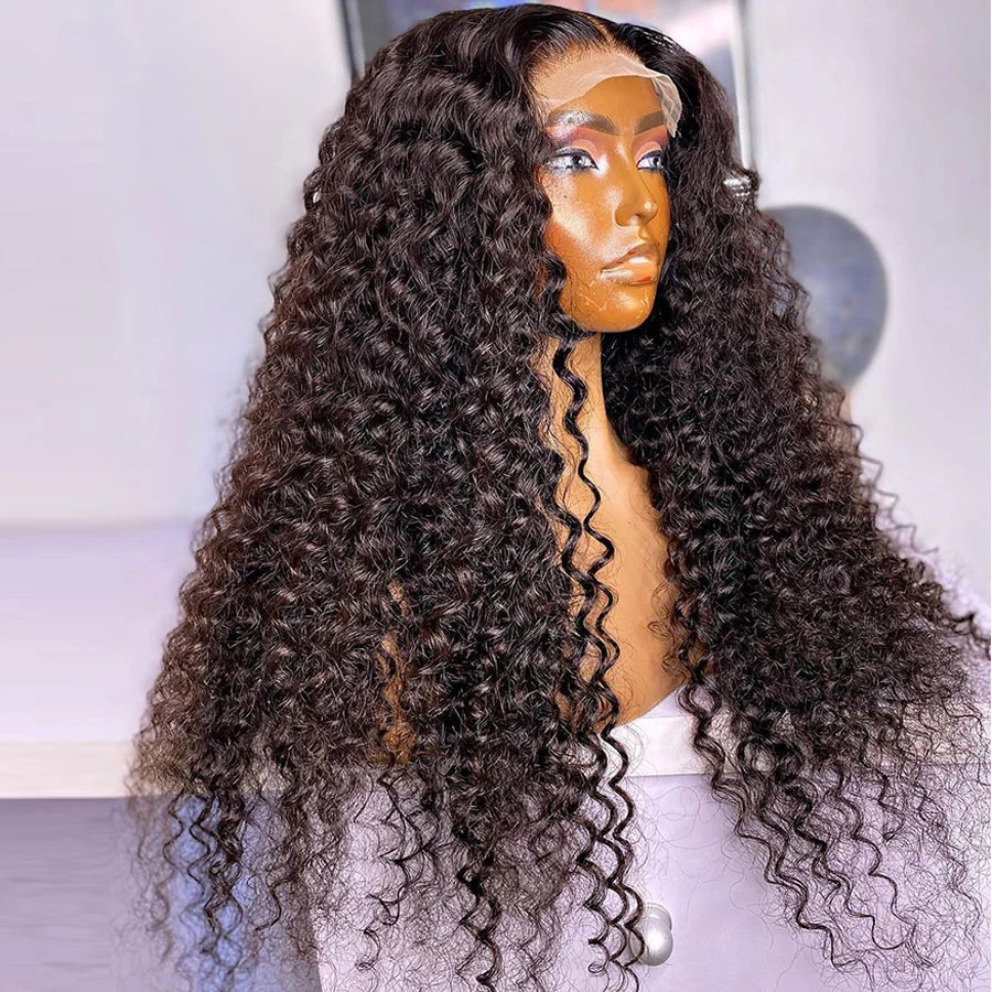 Soft Long Black 180 Density 26 inch Deep PrePlucked Kinky Curly Lace Front Wigs For African Women Babyhair Glueless Daily