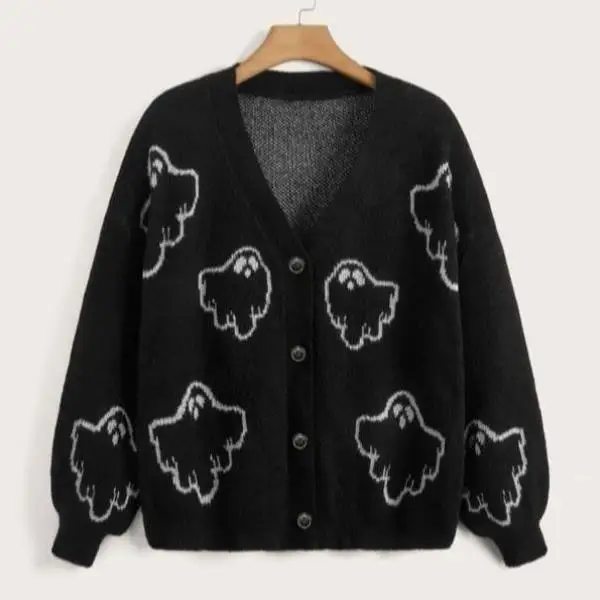 

Men's Knitted Sweater Cartoon Print Button Thiened Coolmax Fiber Ne Ciwalk Inner Wear Winter Season Non-deformable