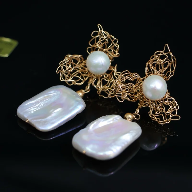 

SGARIT Natural Fresh Water Irregular Aurora Bright White Baroque Pearl Earrings 14k Filled Gold Earrings Women's Exquisite Gift