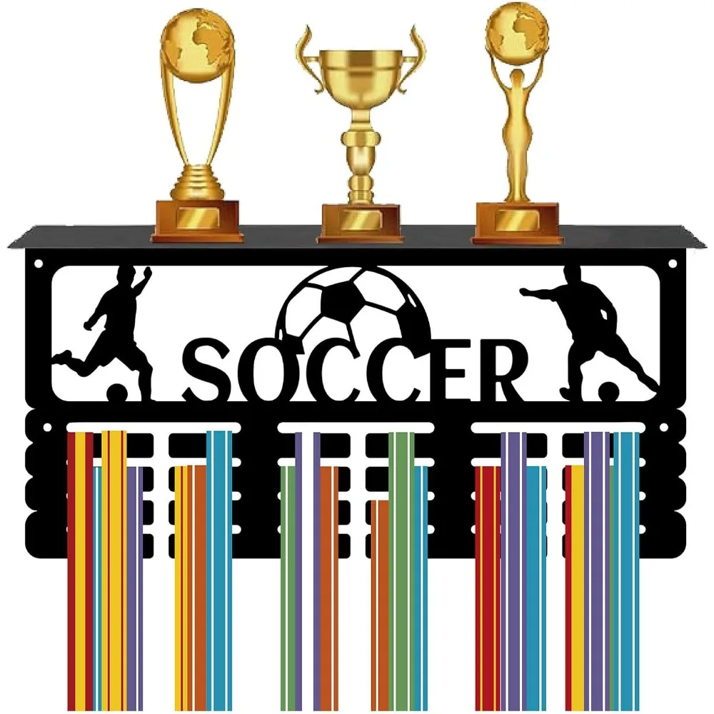 Soccer Medal Display Hanger Trophy Shelf with 24 Hooks Trophy Hanger Metal Rack Wall Mount Medal Ribbon Display Holder Hanger