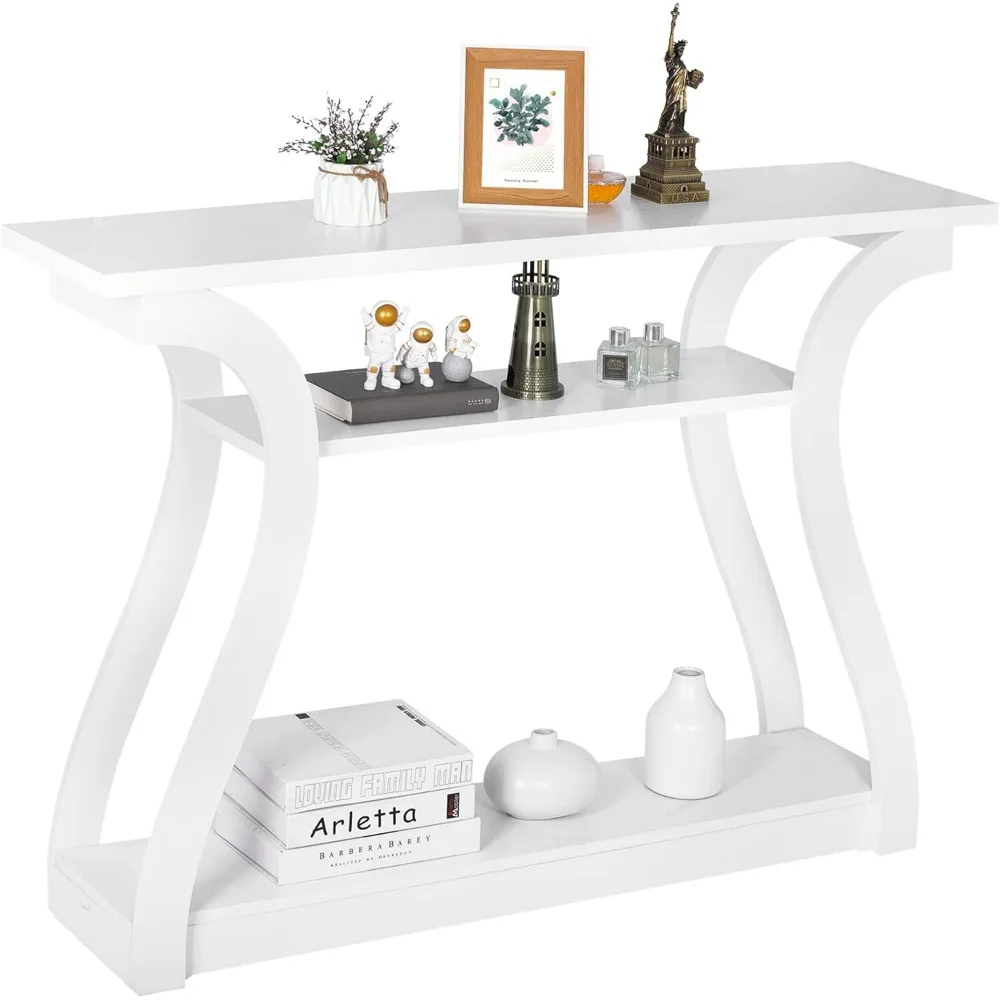 

Wood Console Table for Entryway, 3 Tier Modern Sofa Table with Curved Frame and 2 Open Storage Shelves, Narrow Table