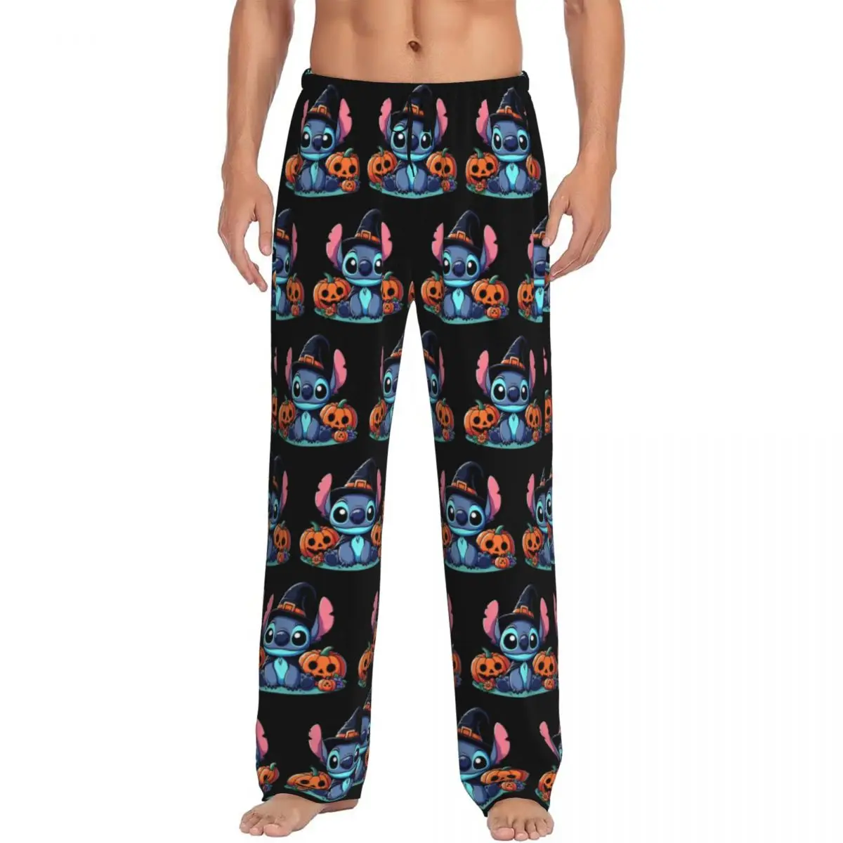 Custom Cartoon Stitch And Angel Cute Pajama Pants Sleepwear for Men Elastic Waistband Comic Sleep Lounge Bottoms with Pockets