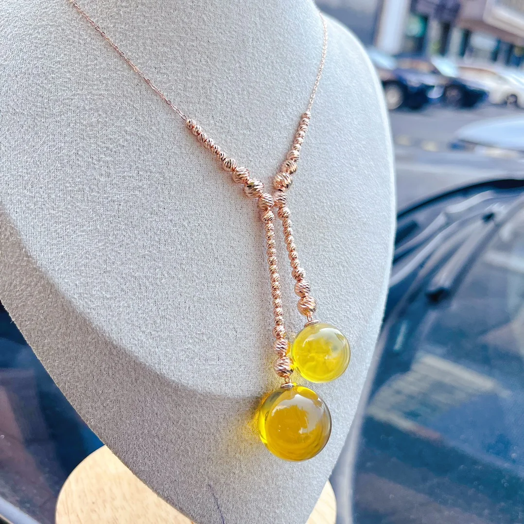 

Natural Flower Amber Pendant Necklace Y Shape Sterling Silver with 15mm 18mm Amber Beads Jewelry Accessory