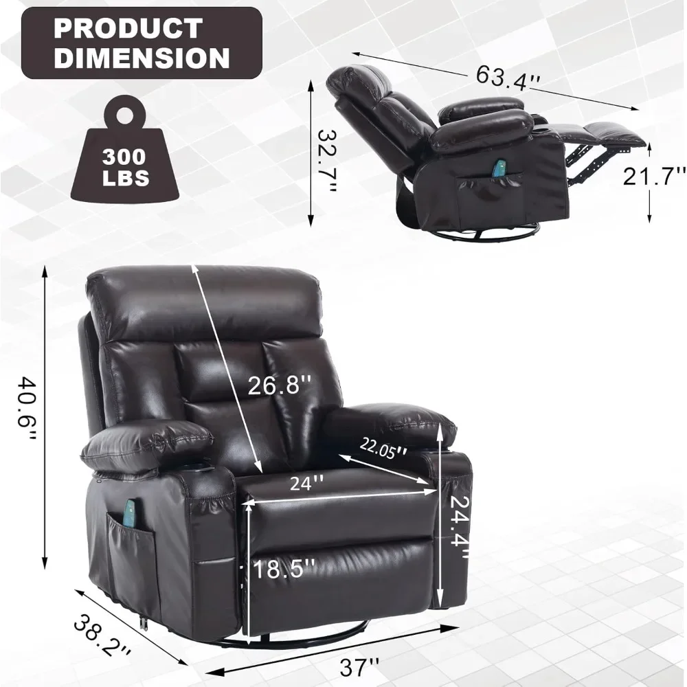 Faux Leather Overstuffed Massage Recliner Chair for Adults with Heat Comfortable Manual Swivel Rocker Massaging Feature
