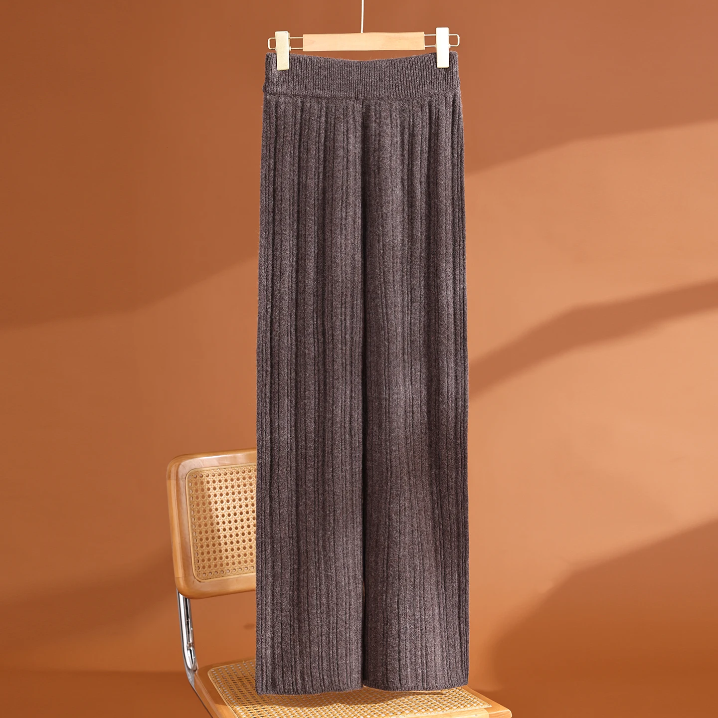 Autumn Winter Women 100% Merino Wool Ribbed Knit Wide Leg Pants, High Elastic Waist Solid Color Loose Straight Trousers Clothing