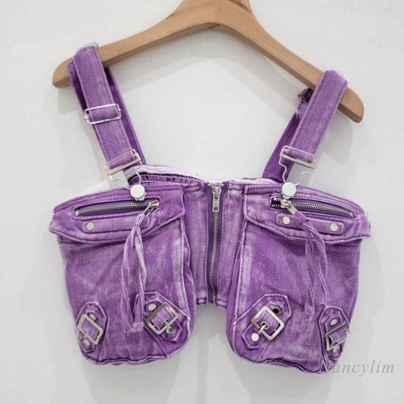 

Three-Dimensional Pocket Retro Hot Girl Style Denim Bandeau Sling Sleeveless Top for Women Purple Camisole Crop Top