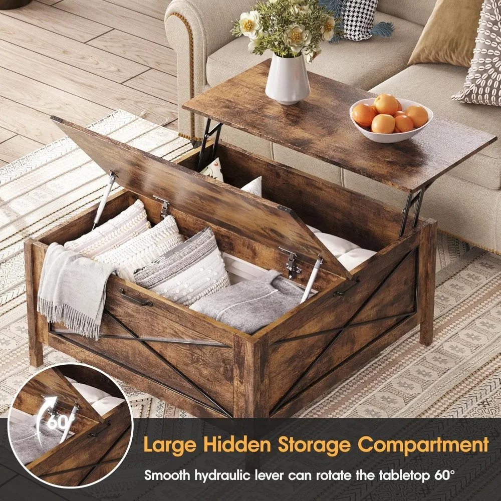 Table basse carrée de style ferme avec rangement caché pour le salon, design en bois rustique, pièce maîtresse idéale