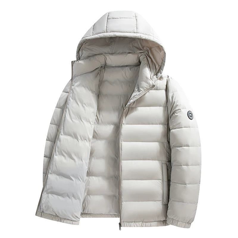 90% White Duck Down Coat Lightweight Men's Winter Simple Solid Warm Padded Hooded Jacket Long Sleeve Thermal Down Coat