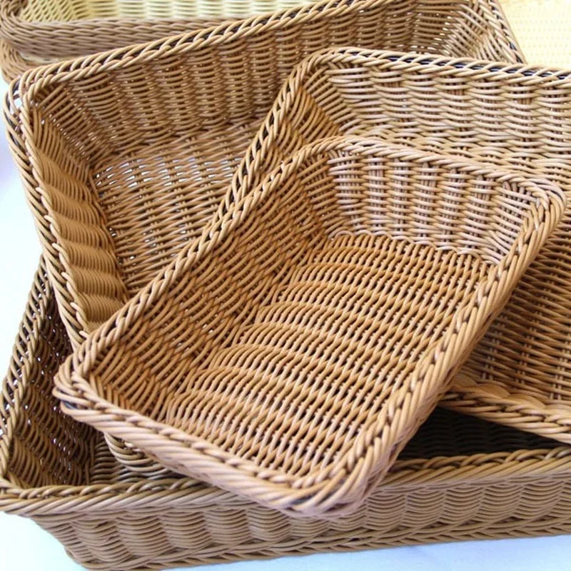 Hand-woven Rattan Wicker Basket Rectangular Storage Box Fruit Tea Snack Bread Basket Cosmetic Household Kitchen Supplies