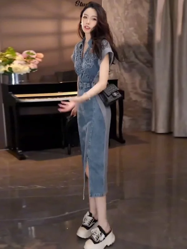 High-End Retro Hong Kong Sle Denim Dr Women's Summer Slimming Bodycon Skirt ort Sve Mid-Length Zipper Closure