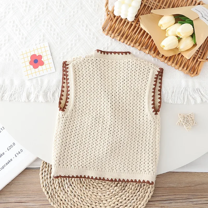 2025 Autumn 2-6Y Girls Knitted Vest Vintage Floral Embroidery Sleeveless Cardigan Waistcoat Button-Up Children Outerwear