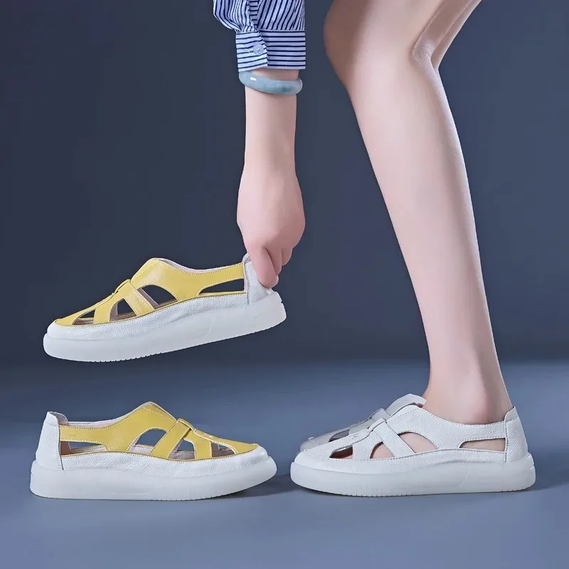 Women's Leather Sandals Breathable Hollow Out Platform Sandals Comfortable Non-slip Casual Walking Shoes for Ladies 2026 Summer view 5