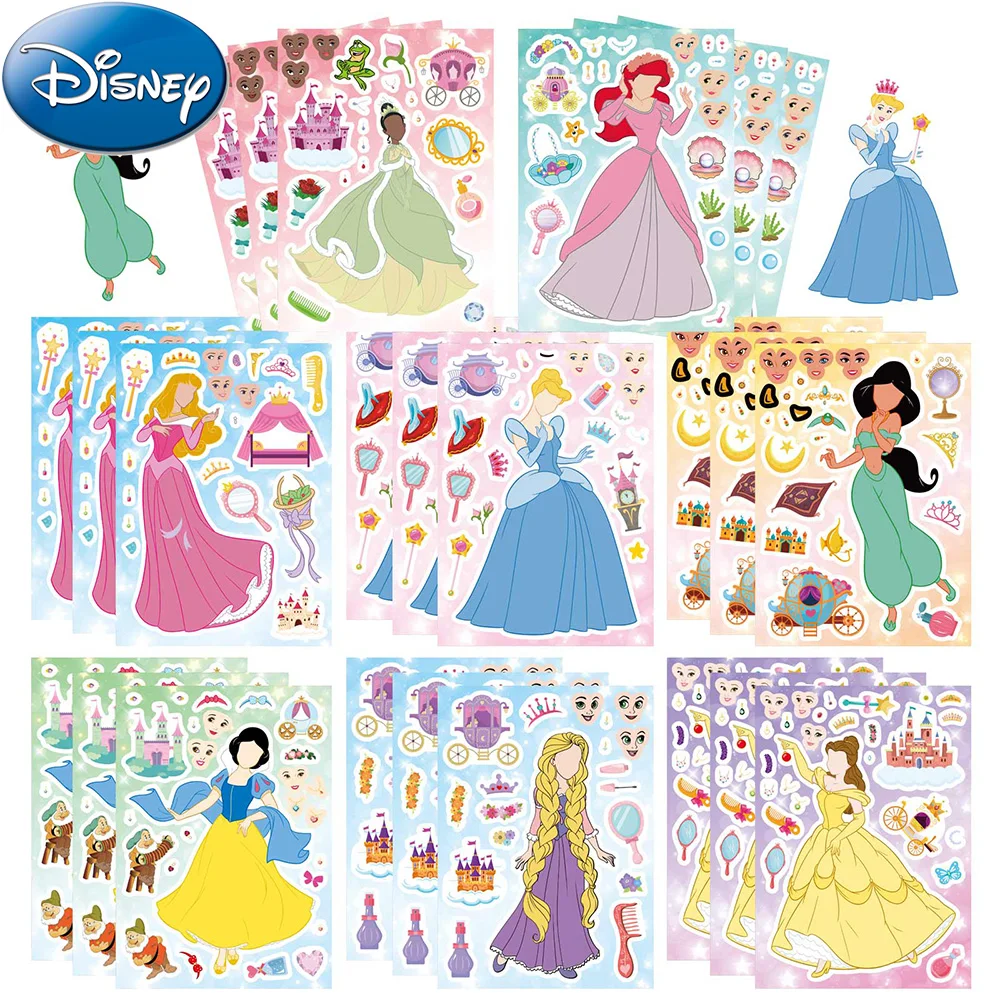 8/16sheets Make Your Own Disney Princess Puzzle Stickers Cartoon Girl Make a Face Decals Kid Assemble Jigsaw DIY Toy Party Gifts