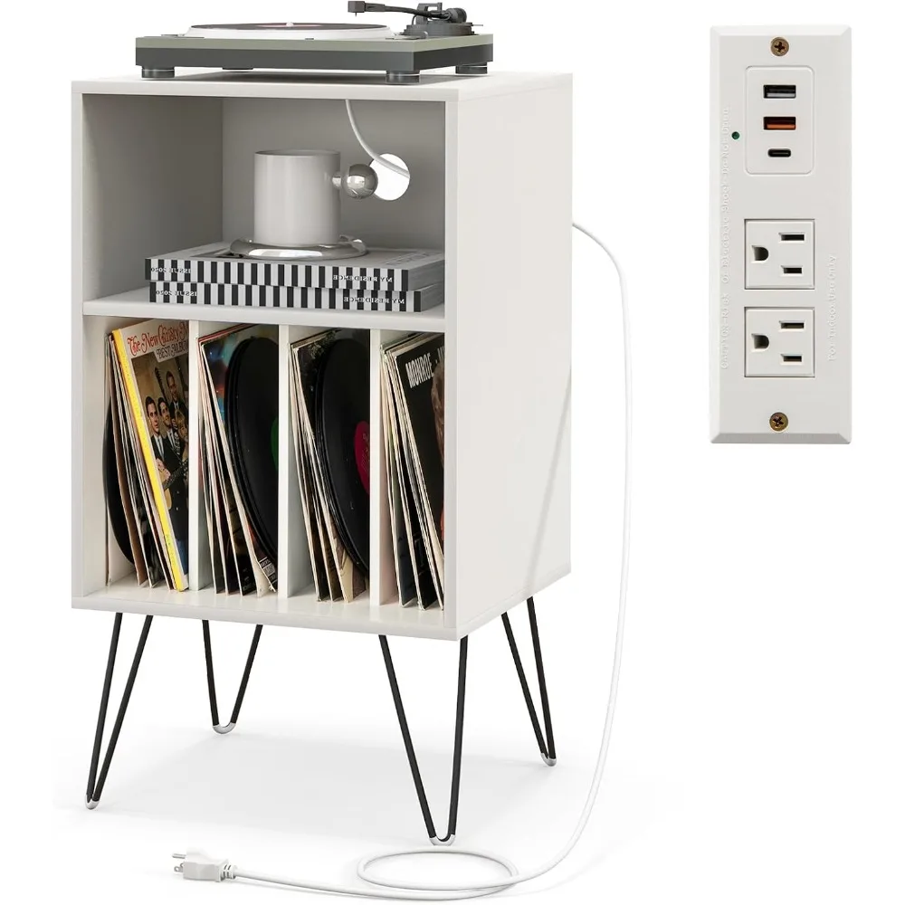 

Трехуровневая подставка для проигрывателя виниловых пластинок, подставка для проигрывателя с зарядной станцией, стол для хранения виниловых пластинок с полкой и 4 разделителями