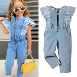 Girls Jeans Jumpsuit Children Clothing 2024 Summer Fashion New European and American Style Butterfly Flying Sleeve Denim Pants