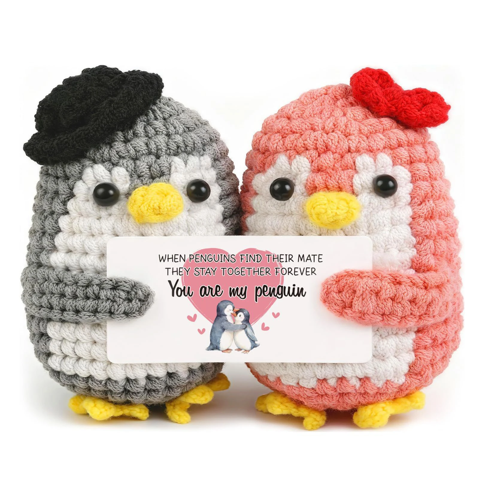Funny Positive Energy Handmade Crochet Penguin Doll with Card Emotional Support Office Desktop Ornament Gifts Home Room Decor