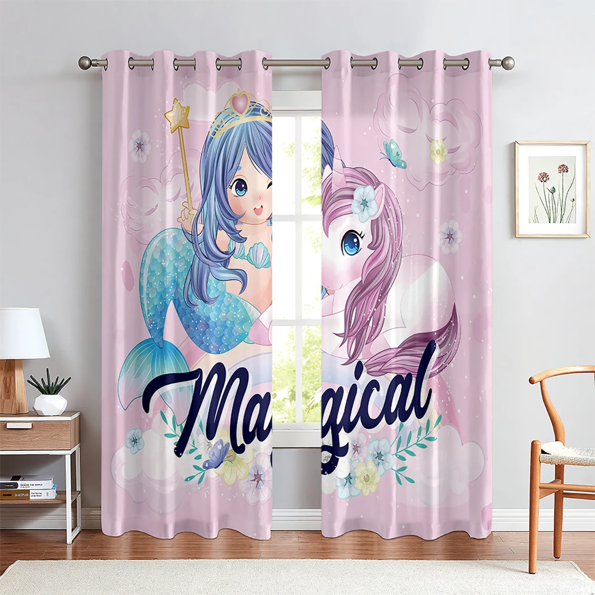 

Window Curtains Unicorn Animation Cartoon Print Pattern Children's Room Living Room Kitchen Curtain Home Decoration 2 Pieces