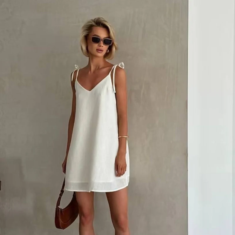 Women White V-Neck Sling Mini Dress Sexy Sleeveless Backless Lace Up Slim A Line Dresses 2026 Summer Casual Basic Street Vestido