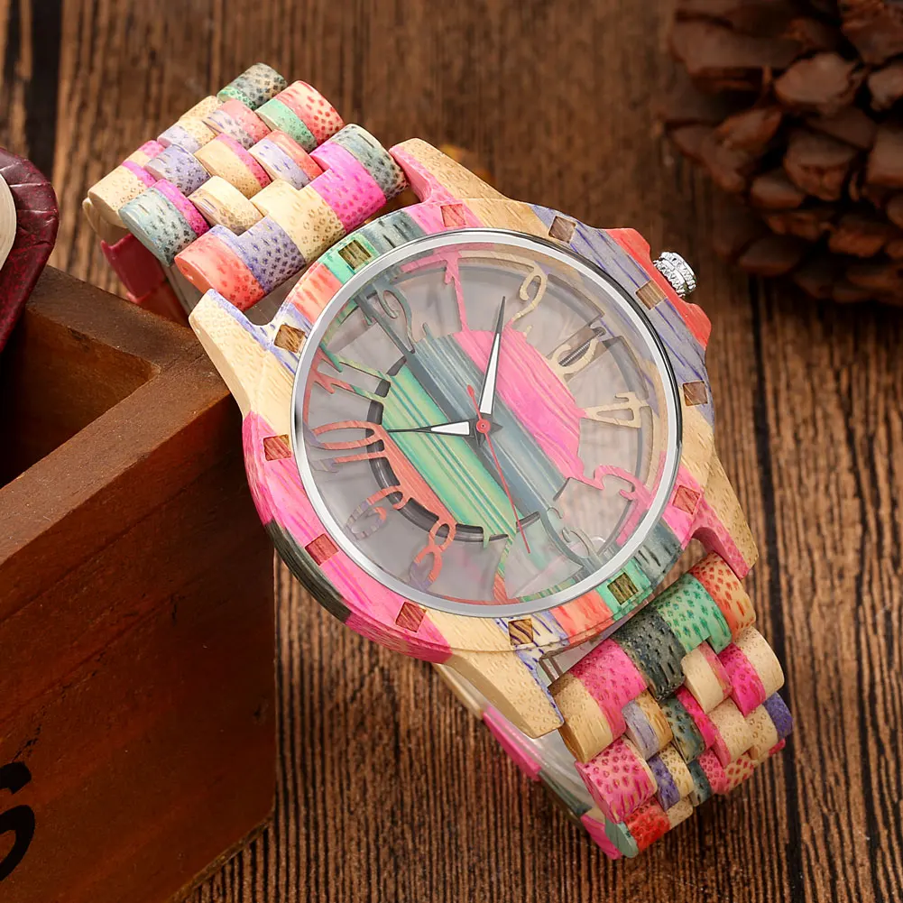 Transparent Hollow Arabic Numerals Dial Colorful Bamboo Watch Men Quartz Wristwatch Folding Clasp Bamboo Wood Bracelet Wristband