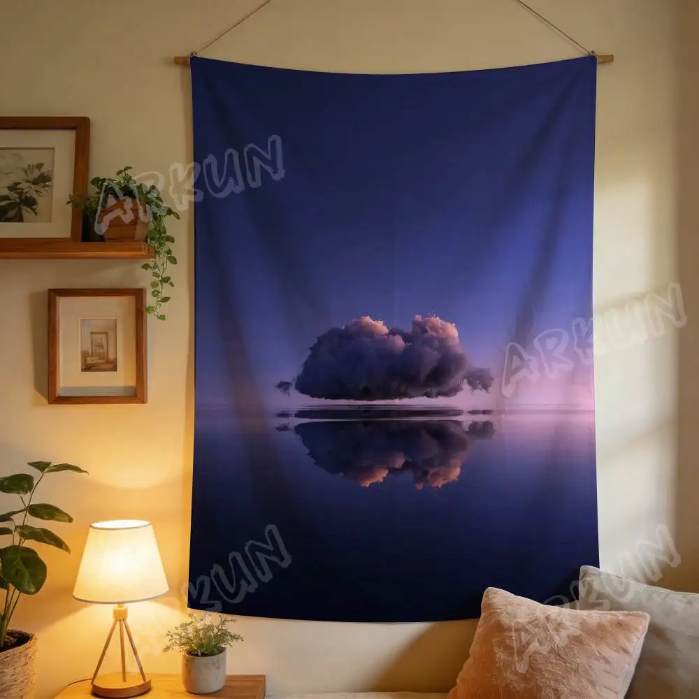 Surreal Floating Cloud Tapestry, Minimal Purple Blue Twilight Abstract Surrealist Cloud Architecture Landscape Bedroom Decor