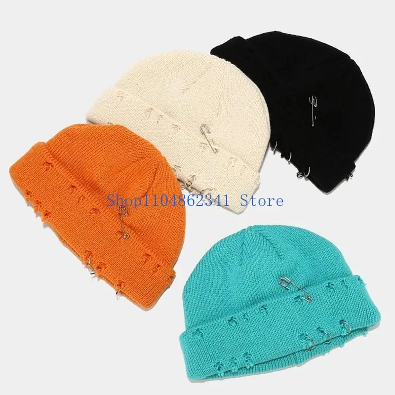 Winter Knit Beanie Hat with Pins O-Ring Distressed Hole Cuffed Melon Skull Cap