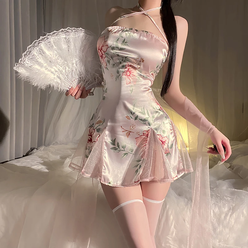 

Женские сексуальные пижамы, нижнее белье, платье Cheongsam с принтом, прозрачные подтяжки с цветочным принтом, облегающий традиционный комплект розовой юбки Qipao