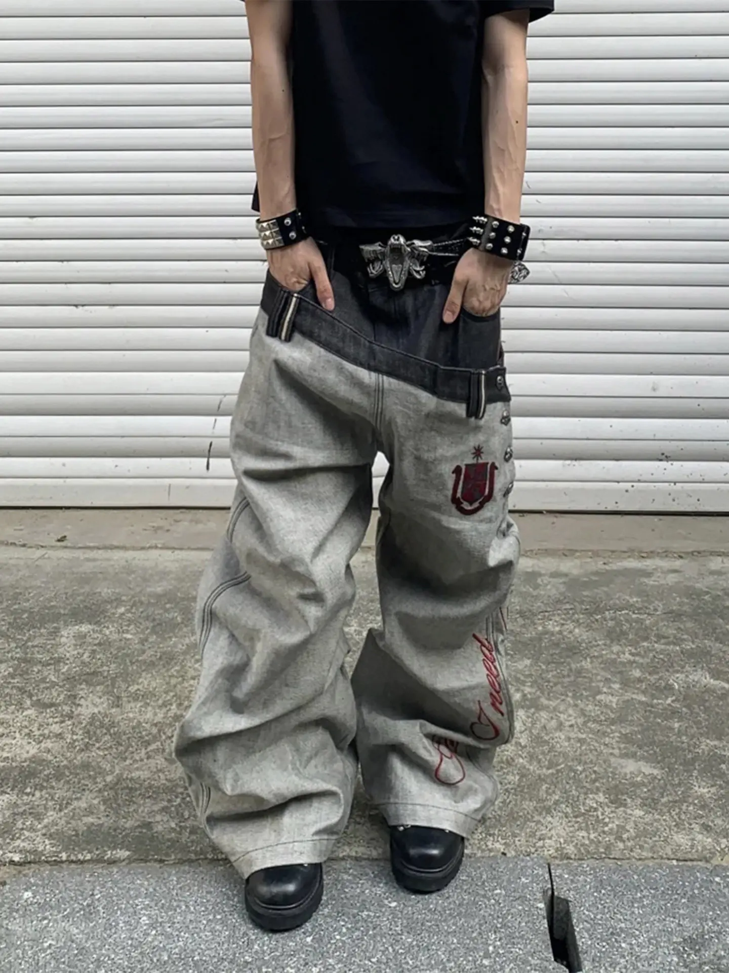 American Street Style Retro Double Waist Head Design Jeans Men Loose Printed Letter Wide Leg Zipper Floor-Length Pants