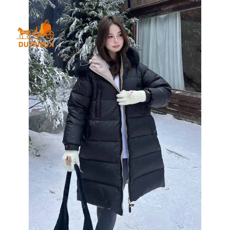 冬の女性の両面毛皮の襟フード付き両面ミッドレングスダウンジャケット、90% グレーグースダウン、ファッションエレガントな女性コート