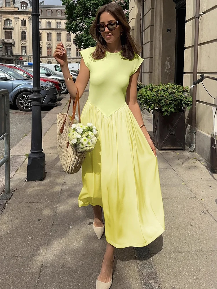 

Trendix Yellow Elegant A-Line Dress Women Summer Street Fashion Slim Short Sleeve Long Dresses Vacation Casual Beach Party Dress
