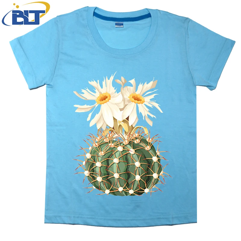 Watercolor Cactus Flowers printed kids T-shirt, summer cotton short-sleeved casual top, suitable for both boys and girls