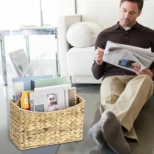 

Natural Water Hyacinth Woven Magazine Organizer With Dual Compartments And Carry Handle For Home Office Storage