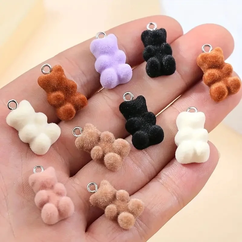 10pcs/lot Mixed Color Double-sided Flocked Plush Charms, Bear Resin Pendant, DIY Necklace Keychain For Jewelry Making Accessorie