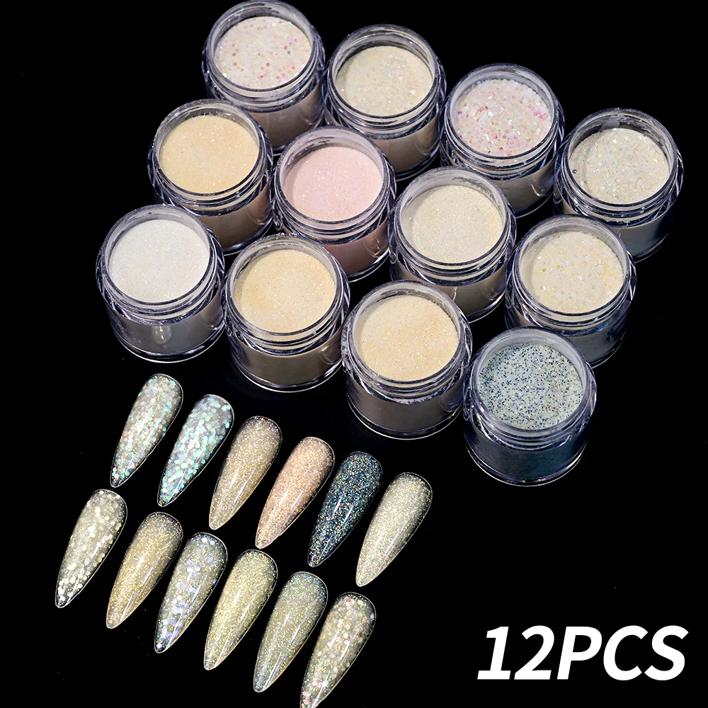 12Pcs Acrylic Nail Art Glitter Powder with Mixed Hexagon Sequins 3in1 Crystal Polymer for Salon Dipping Extension Manicure Decor