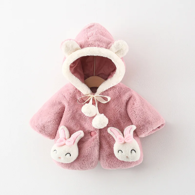 Winter New Pattern Infant Plush Coat Lamb Decorative Wool Ball Girl Baby Hooded Coat Cute Warm Girl Children\'S Clothes