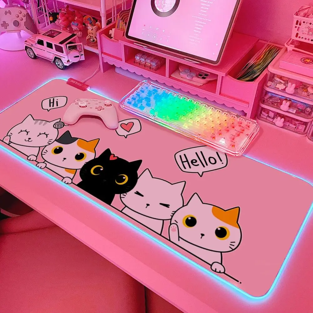 

Large 31.5x12 Inch RGB LED Kawaii Pink Cat Gaming Mouse Pad - XL Non-Slip Rubber Desk Mat with Cool Lighting