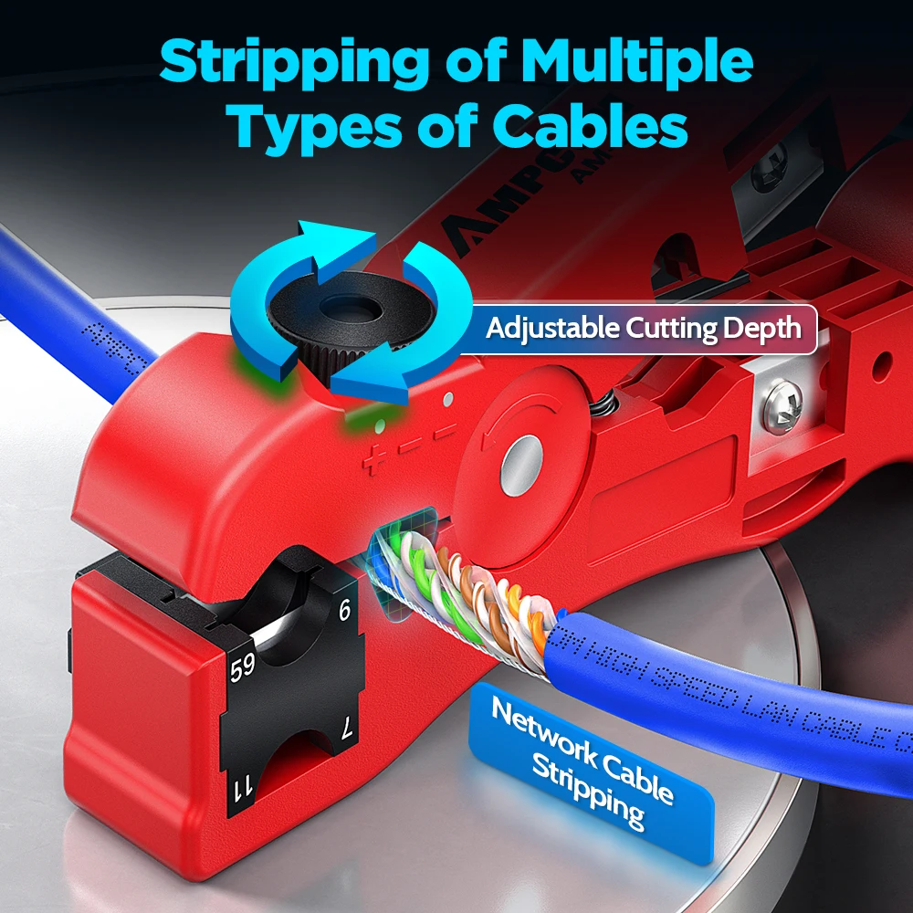 Ferramenta multifuncional AMPCOM para fios coaxiais/redondos/planos, descascador de fios e cortador com compressão