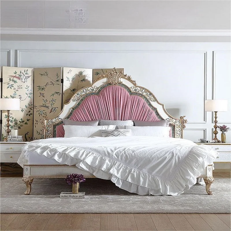 French style palace shell patchwork fabric double bed luxury solid wood inlaid master bedroom wedding bed 1.8m HQ