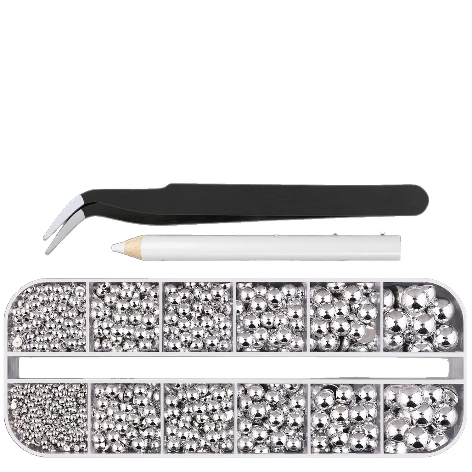 12Grid Shiny Silver Half Round Metal Caviar Bead Nail Rivets Charms 2/3/4/5/6/8mm Flatback Pearl Balls Nail Art Studs Y2k Decora view 3