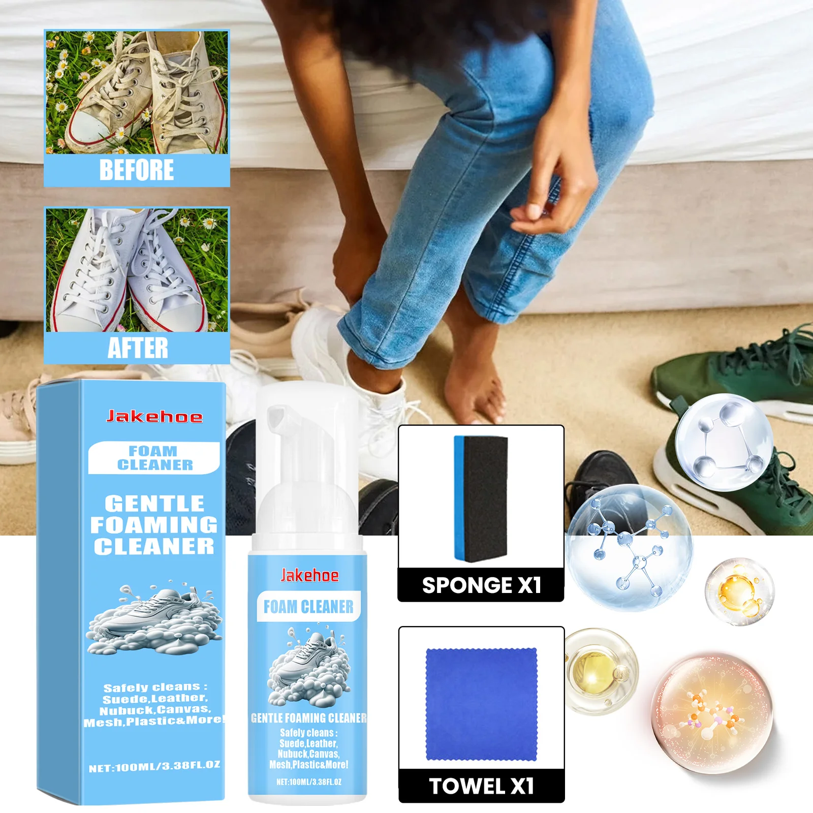 Foam Sneaker Cleaner - Waterless Yellow Stain & Oxidization Remover for White Shoes - No Scrub, Quick-Dry, Portable Spray