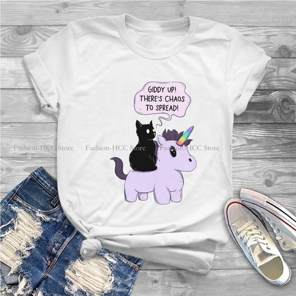 Giddy Up There Is Chaos To Spread Unique Polyester TShirt Unicorn Cute Top Quality Creative Graphic T Shirt Short Sleeve