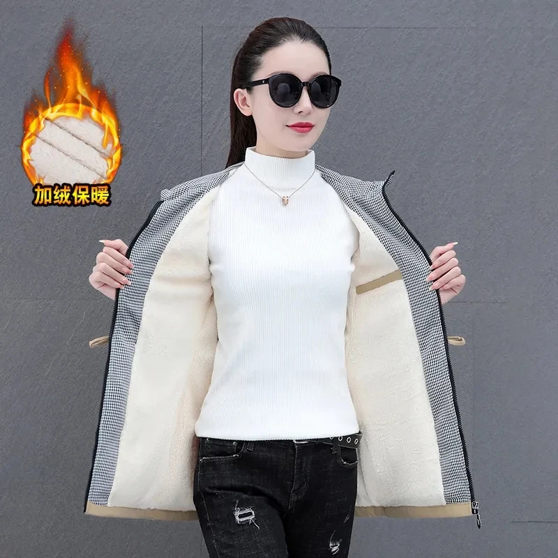 Autumn/Winter Women\'s Windbreaker Coat New Korean Velvet Hooded Mid Length Cotton Padded Jacket Female Outerwear 5XL Mujer Coats