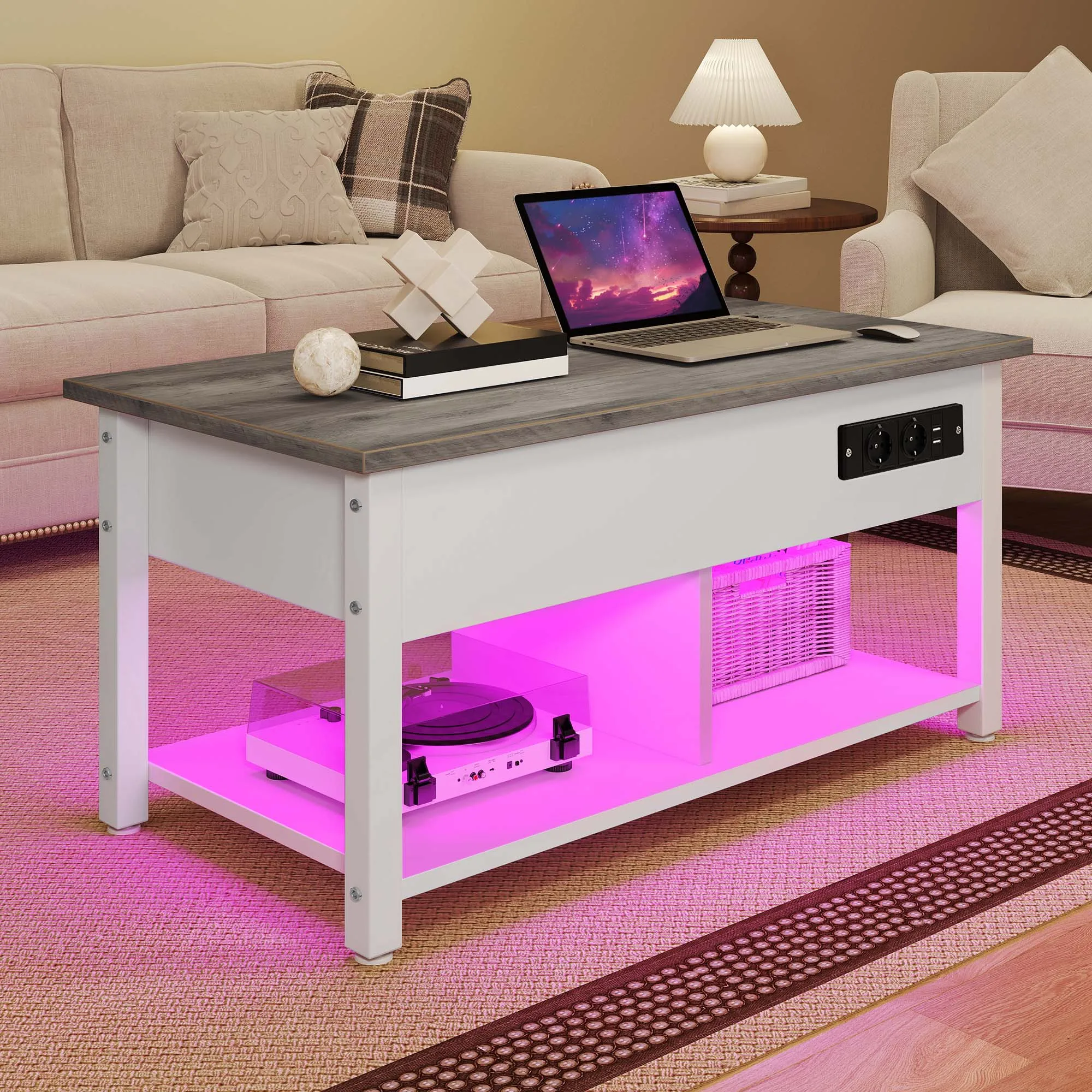 YITAHOME White/Grey Lift Table - Adjustable Height with 2 Storage Levels & Hidden LED Compartment