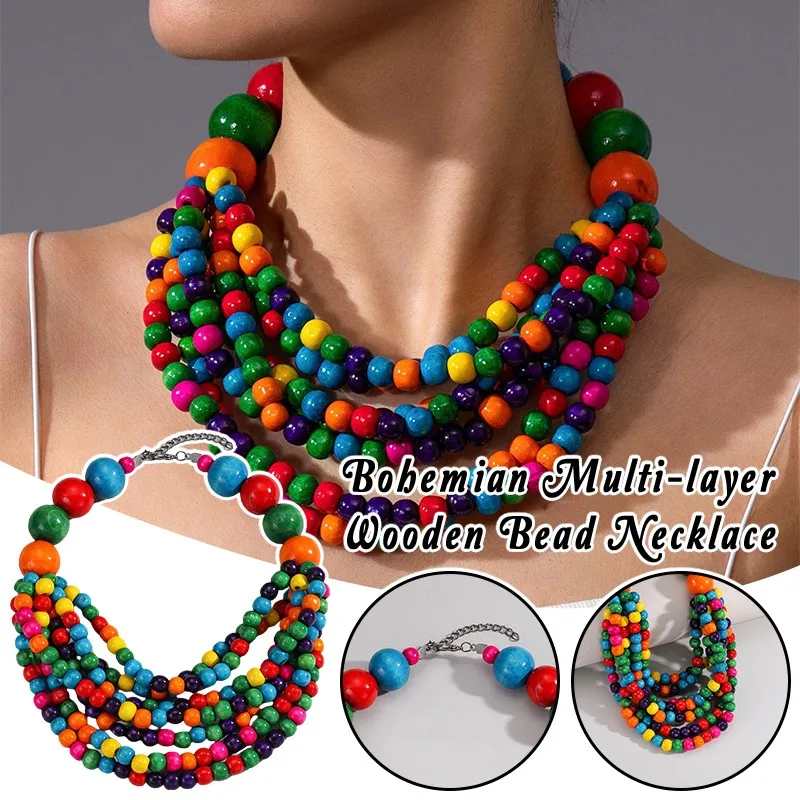 البوهيمي متعدد الطبقات خشبية عقد من اللؤلؤ المرأة الصيف الملونة المختنق مجوهرات المختنقون قلادة مجوهرات اكسسوارات الحفلات #4