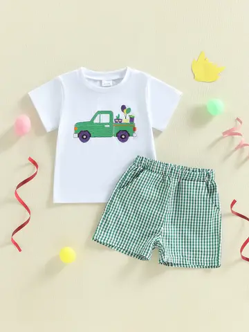 2-teiliges Sommer-Outfit für Babys, Jungen, Rundhalsausschnitt, kurze Ärmel, Dinosaurier-Aufdruck, T-Shirt und elastische Taille, Denim-Shorts, Set für Kleinkinder