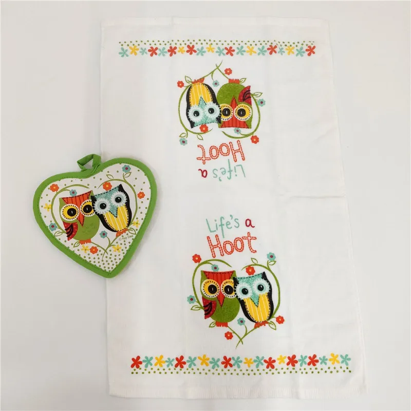 Set von 41x64cm Cartoon Eule Gedruckt Baumwolle Küche Reinigung Tuch Geschirrtuch Tee Handtuch Mit Herz Form Tisch tischset – Detail 1