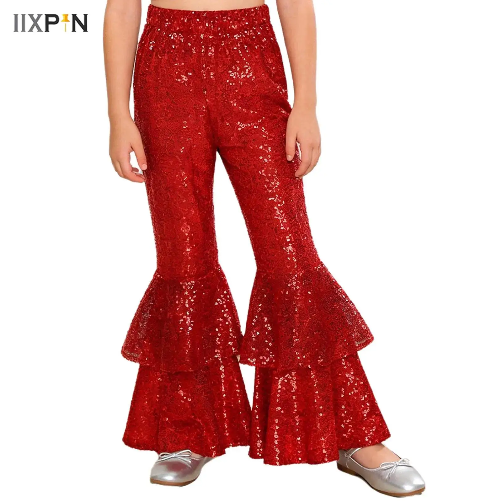

Kids Girls 80s Disco Jazz Dance Pants Glittery Sequin Flared Pants Tiered Bell Bottom Elastic Waist Long Pants for Performance