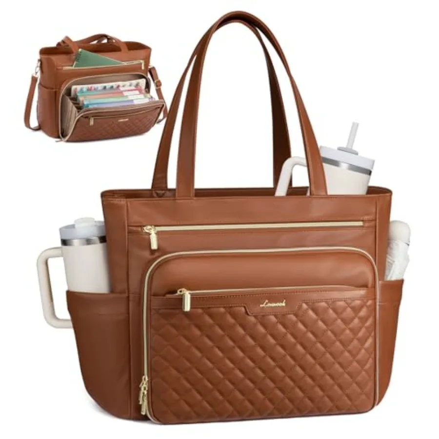 

LOVEVOOK Teacher Tote Bag with Accordion File Pocket, Soft PU Leather Work Briefcase Quilted Laptop Bag with Large Cup Holder