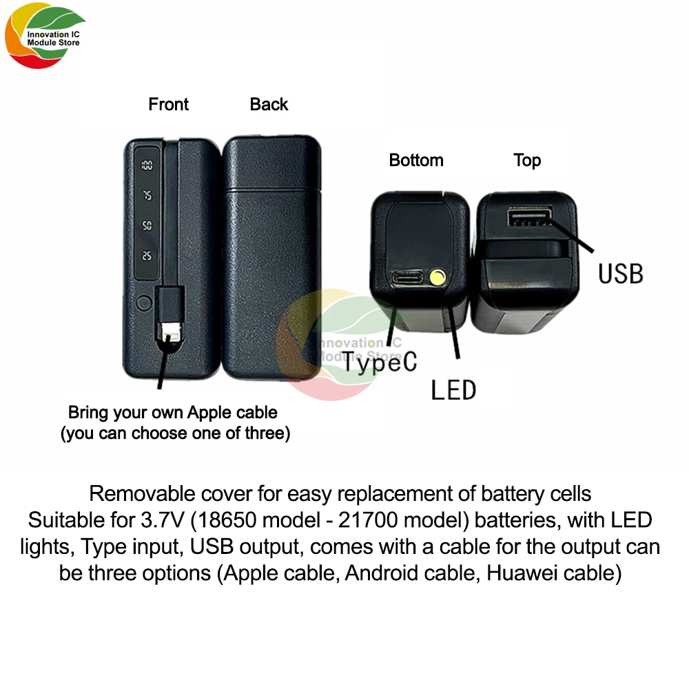 DIY Power Bank Box Flat Head Battery Charger Outer Case Plastic Shell Box with LCD Display Power Bank Case wirh Cable