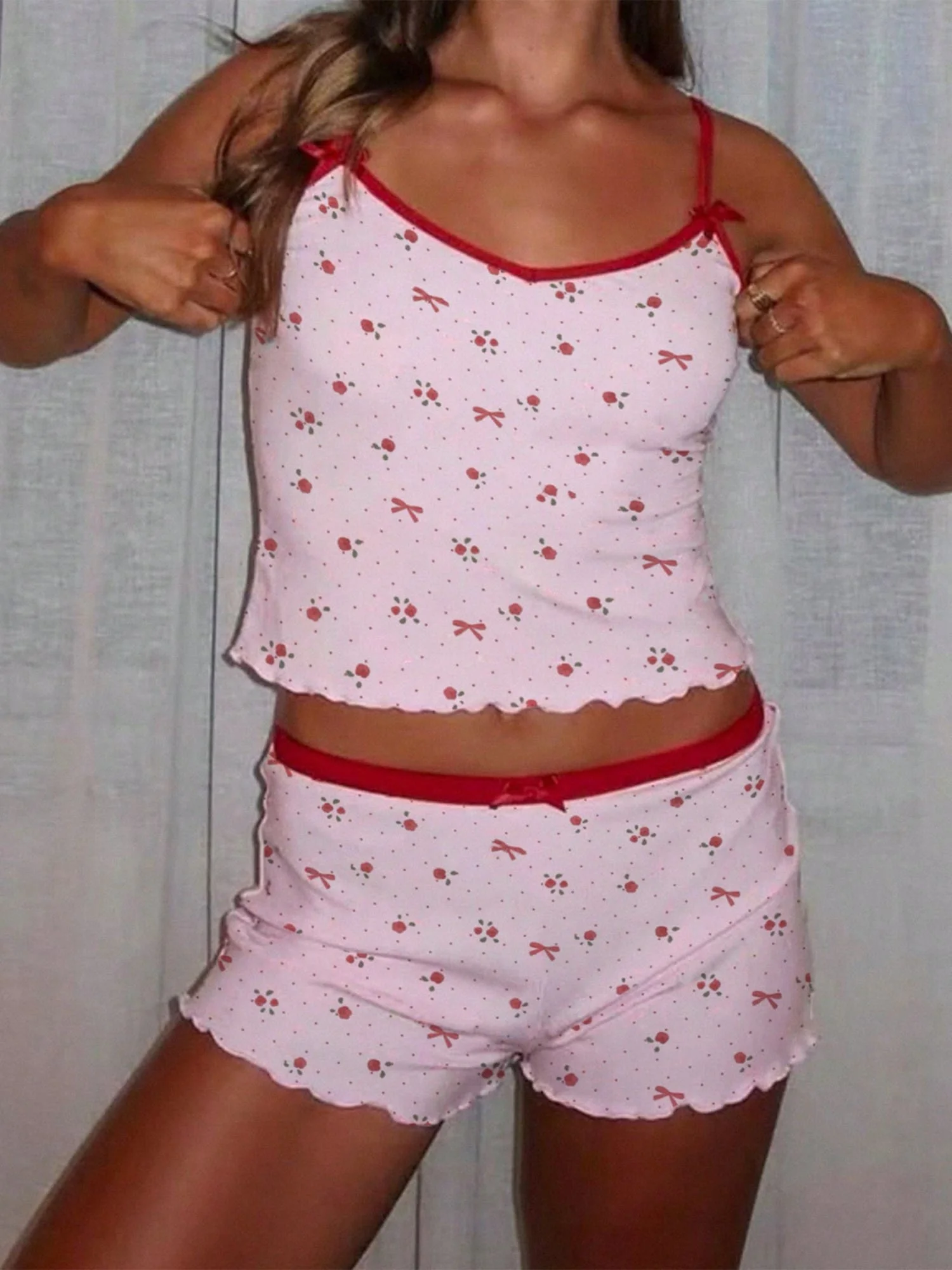 Floral Polka Dot Women Sleepwear Set Spaghetti Strap Cami Top And Low Waist Shorts