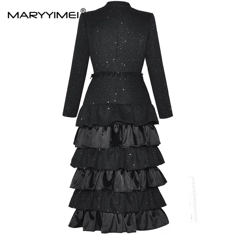 MARYYIMEI Women's Elegant Autumn and Winter Coat Stand collar Single Breasted Long-Sleeved Beading Tasserl New Style Overcoat